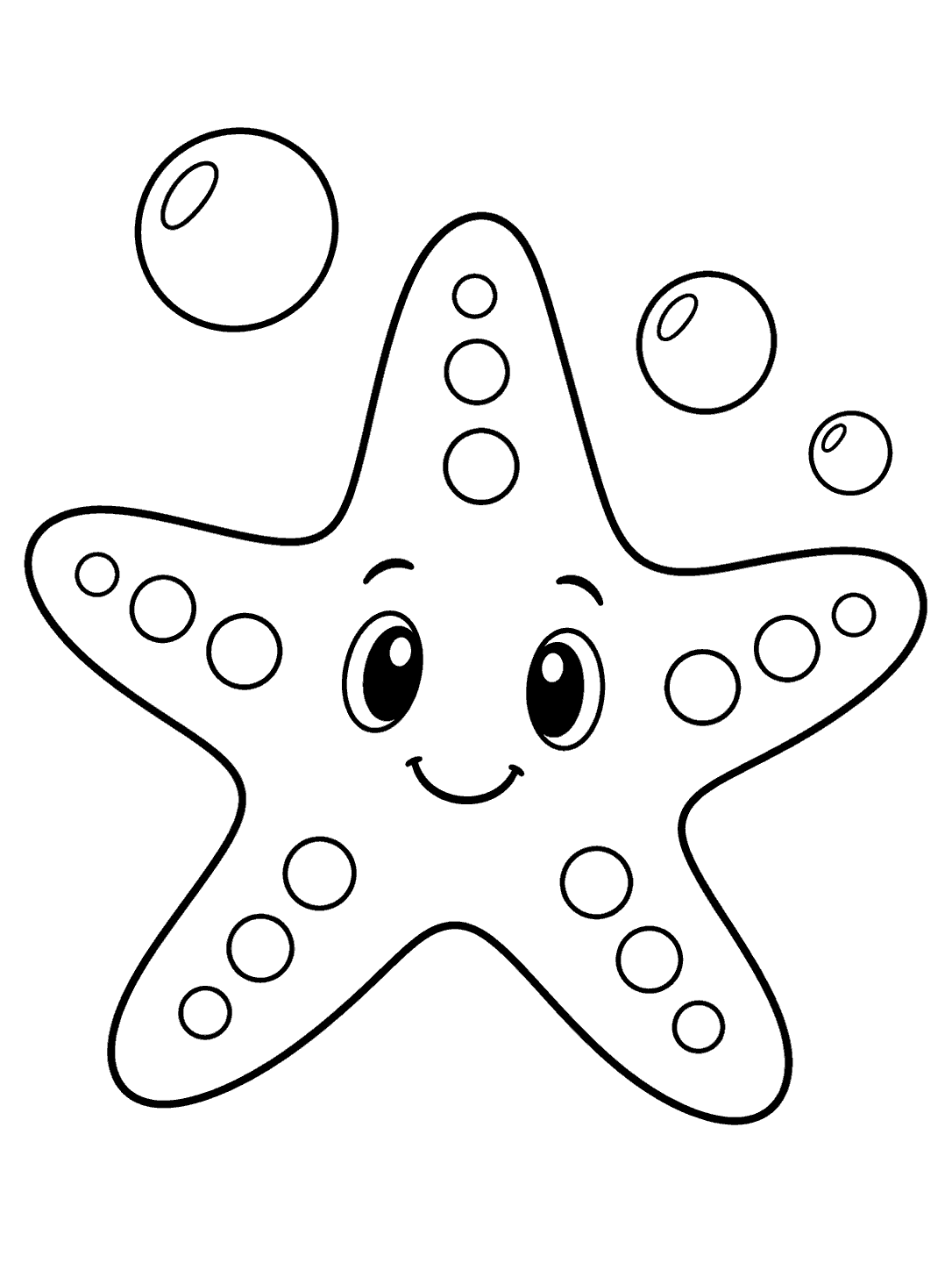Smiling five-armed starfish coloring page with three bubbles