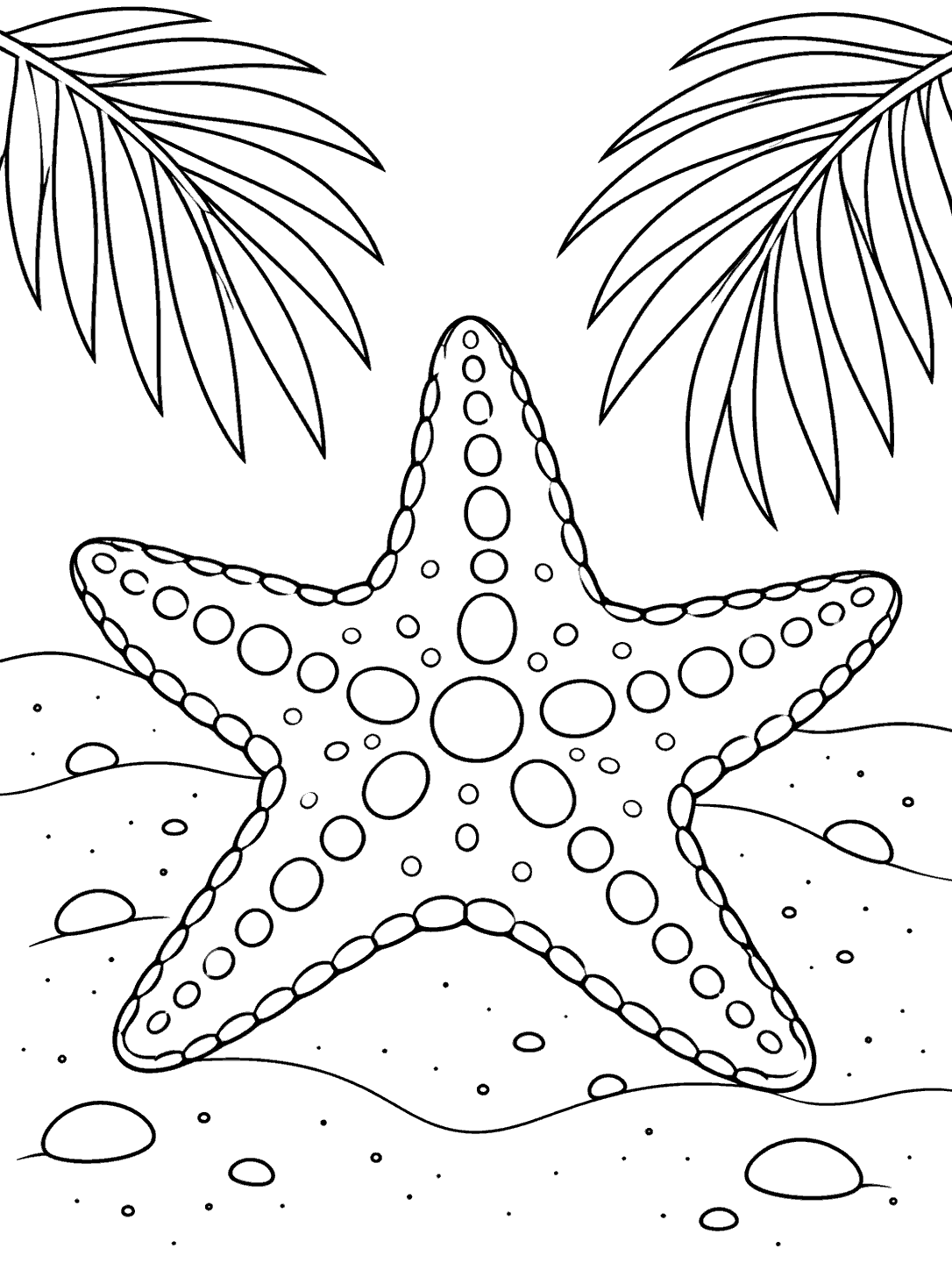 Black-outline tropical starfish with spotted arms on a sandy patch, framed by two palm fronds.