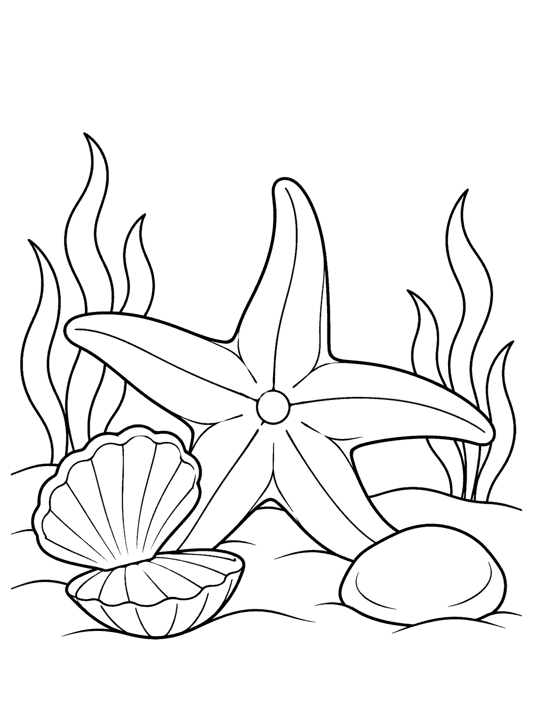 Black-outline coloring page showing a five-armed starfish beside an open seashell and rounded pebble on a seafloor.