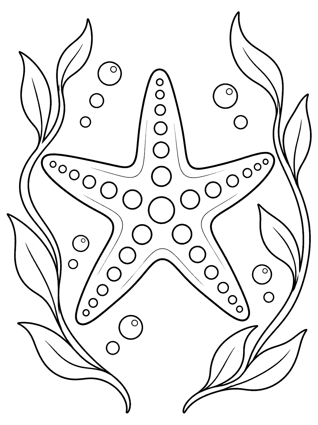 Starfish coloring page with ribbon-like seaweed, broad leaves, and bubbles