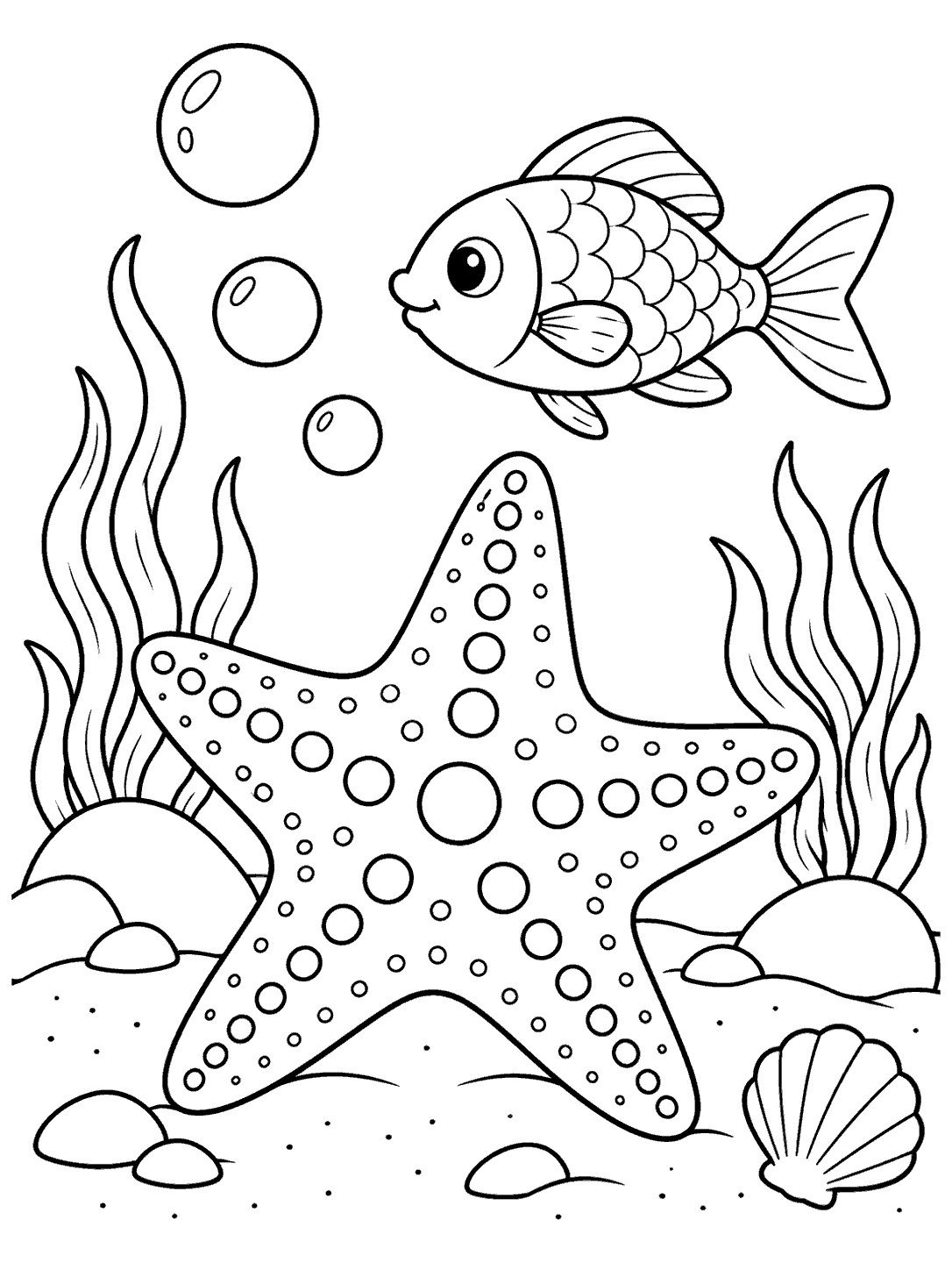 Starfish and tiny fish coloring page
