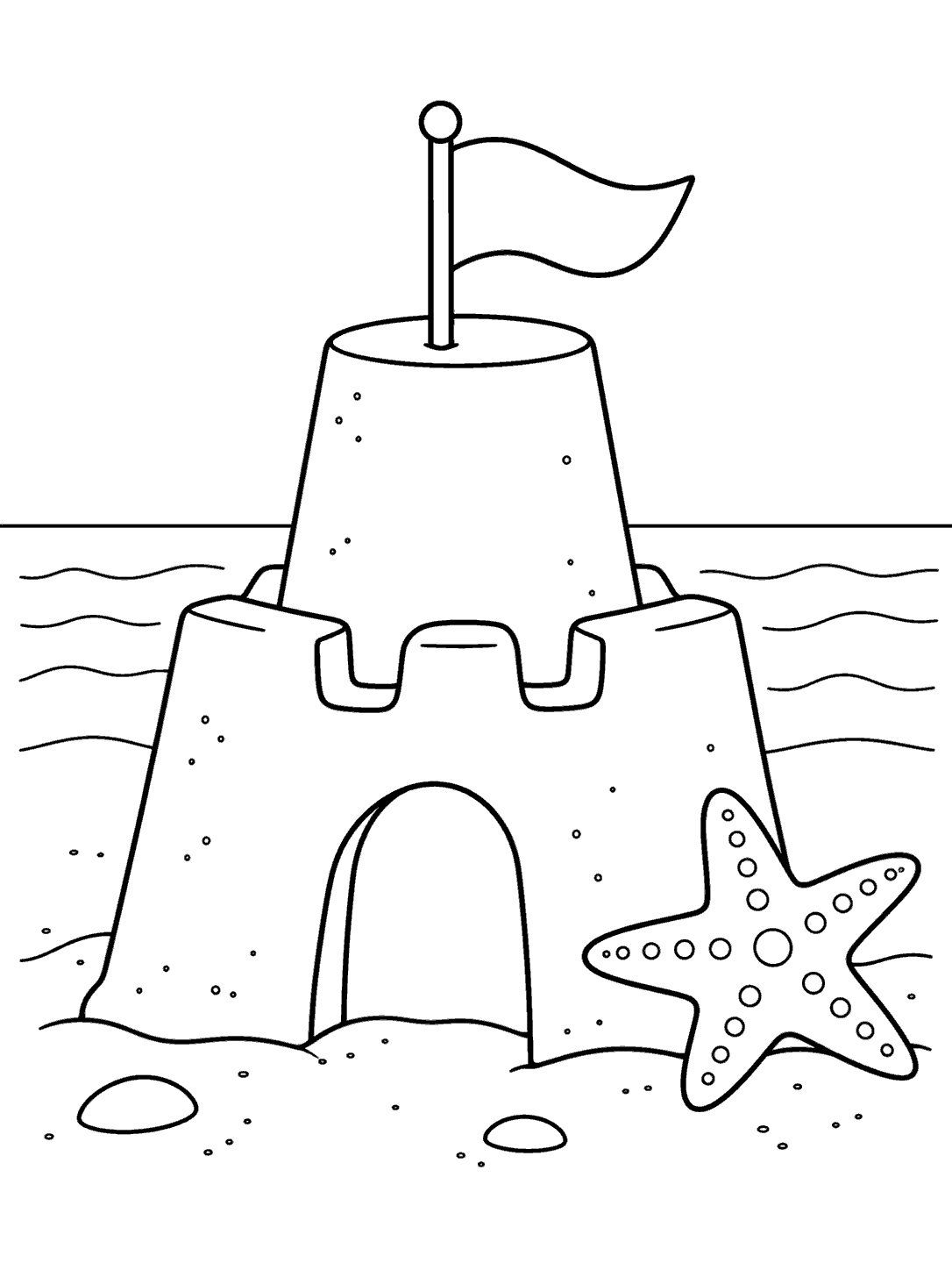 Starfish beside a sandcastle with a bucket-shaped tower and flag, in a black-outline coloring page.