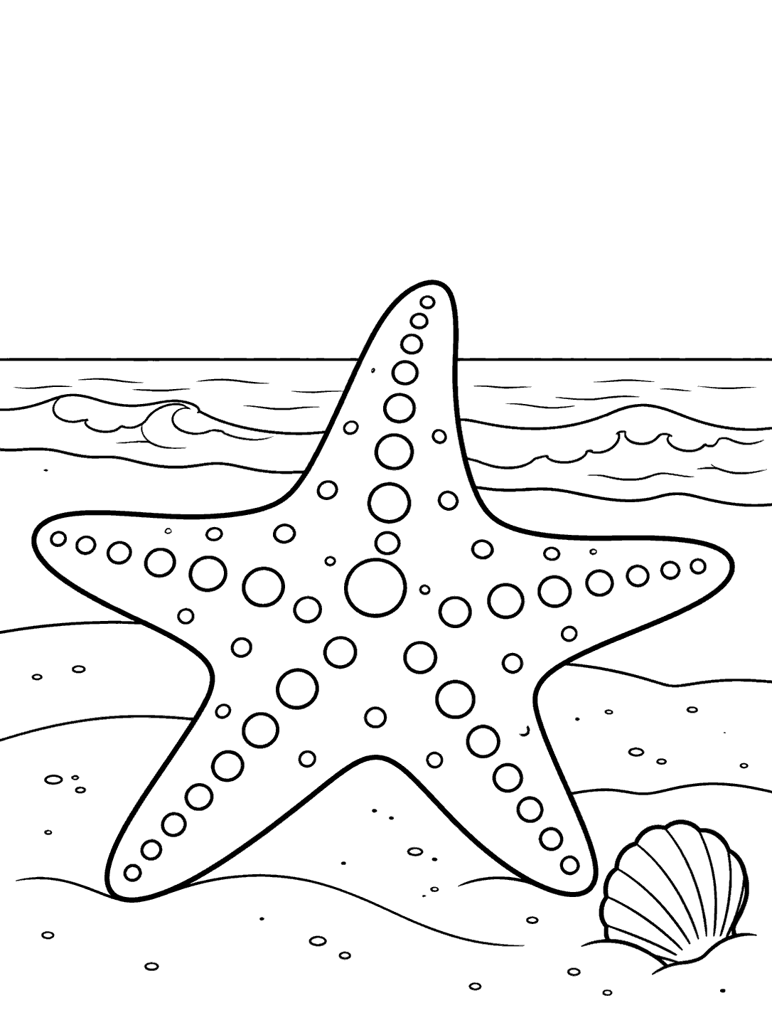 Black-outline starfish and shell on a sandy shoreline with waves in a printable coloring page.