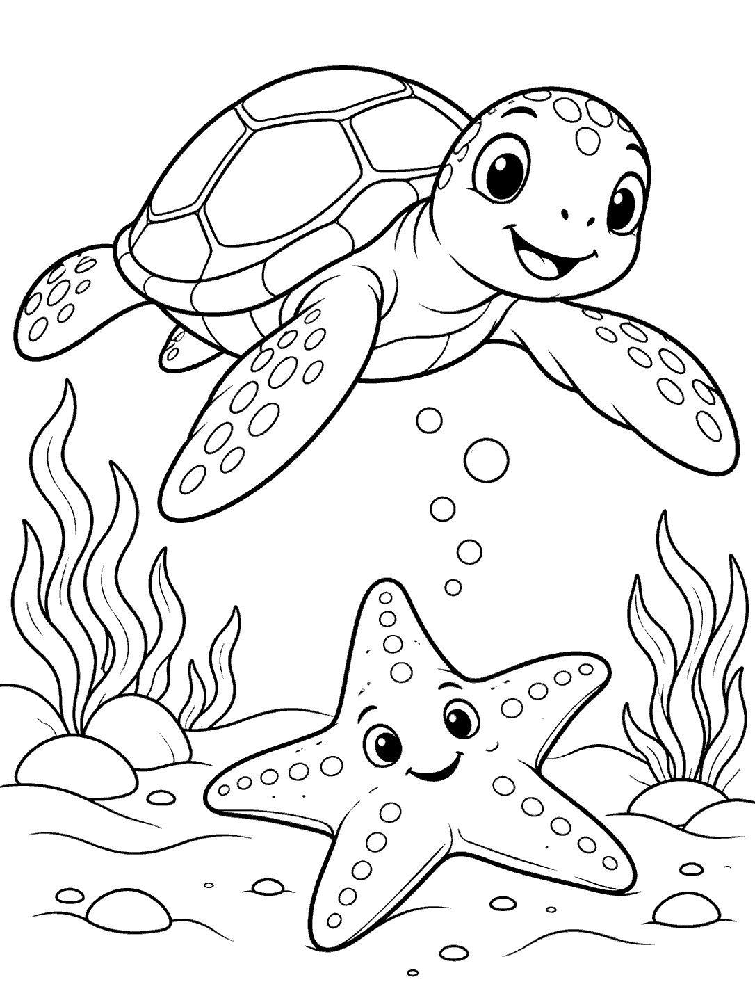 Black-outline coloring page of a friendly sea turtle swimming over a starfish among bubbles, seaweed, and a few rocks.