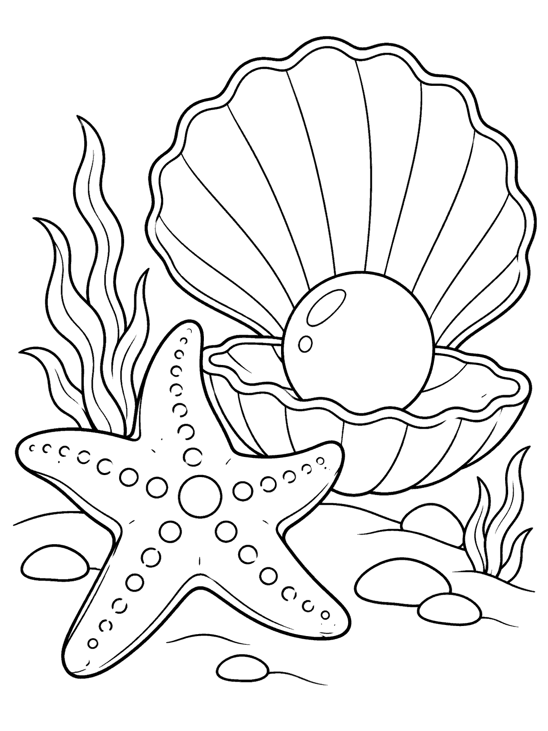 Black-outline coloring page showing a starfish beside an open scallop shell holding one pearl, with seaweed and pebbles nearby.