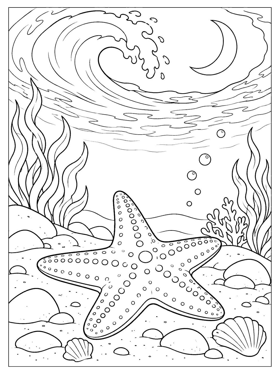 Black-outline starfish on a seabed beneath a curling wave, with a crescent moon above.