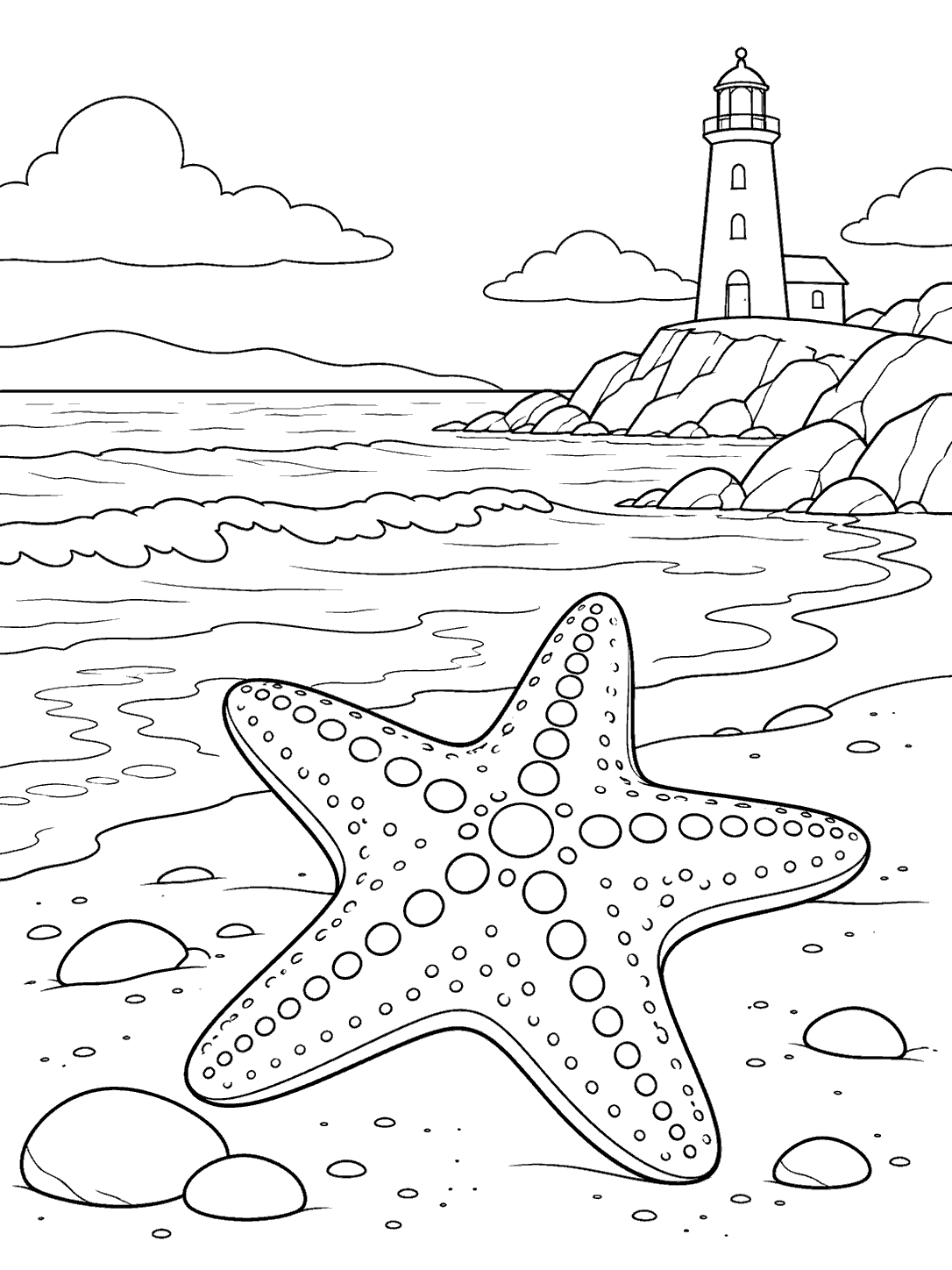A spotted starfish in the foreground on a rocky beach, with a lighthouse on the distant shore, drawn in black outlines for coloring.