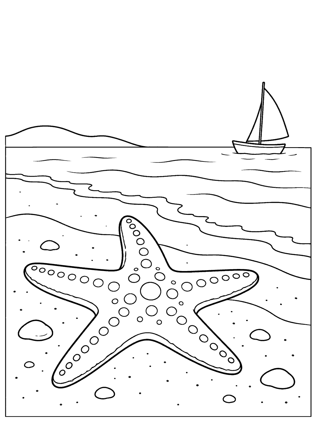 Black-outline starfish on a sandy beach with a small sailboat on distant water.
