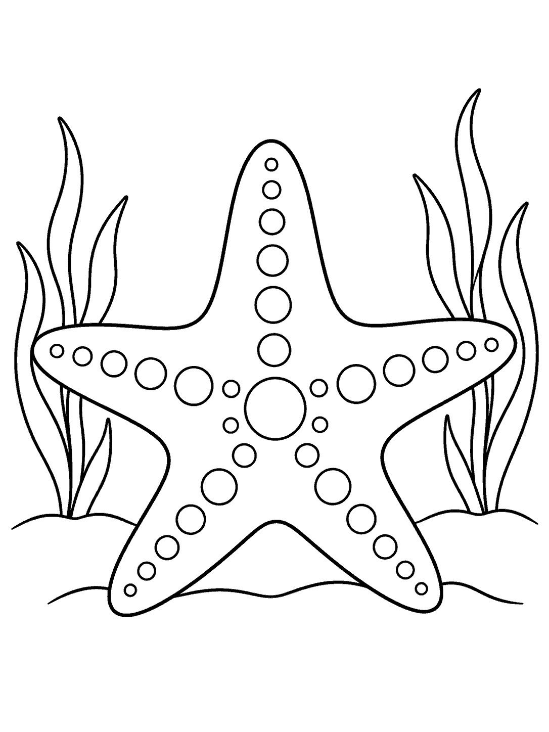 A large, spotted starfish centered between two clumps of gently curving seagrass in a black-outline coloring page.
