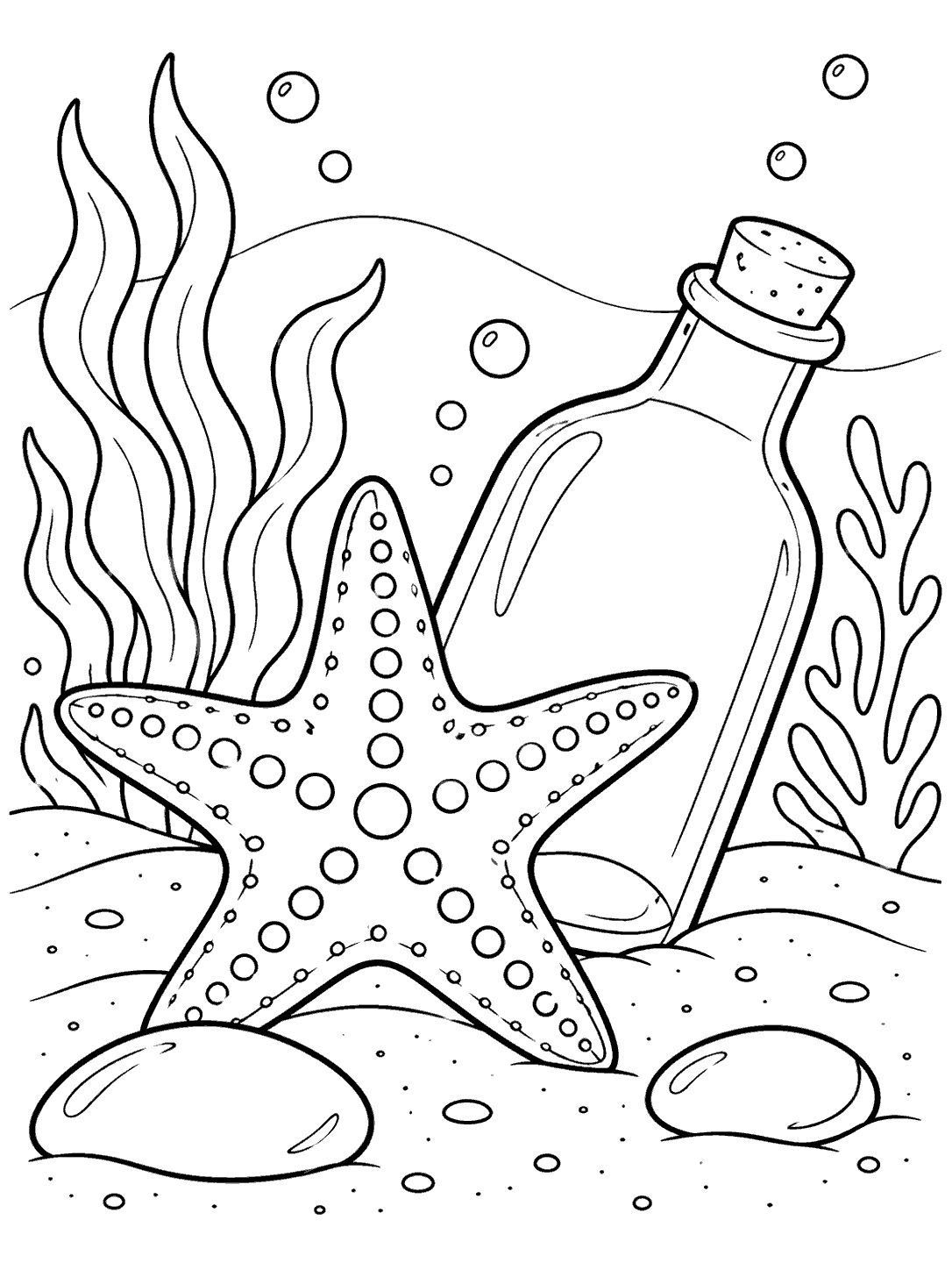 Starfish and corked glass bottle coloring page with sea plants, bubbles, and two broad pebbles.