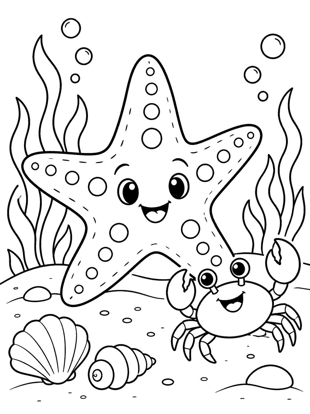 Black-outline coloring page with a large smiling starfish, friendly waving crab, seaweed, shells, and bubbles.
