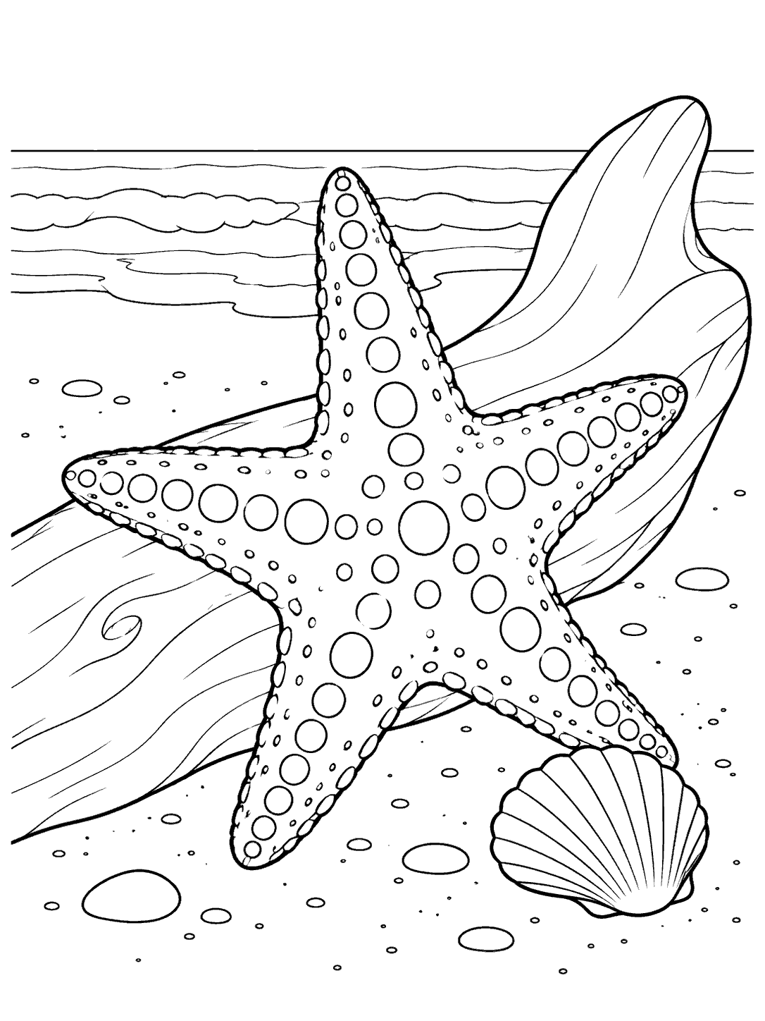 Black outline coloring page of a spotted starfish leaning against driftwood on a beach, with a shell nearby.
