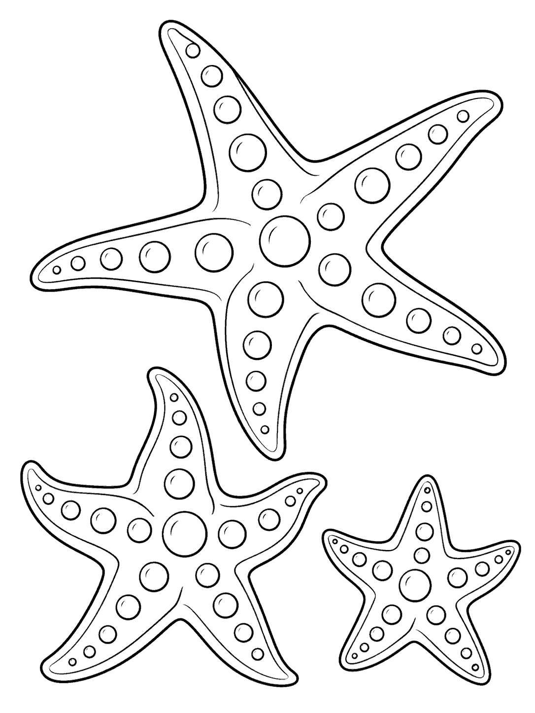 Starfish family coloring page with three outlined starfish of different sizes.