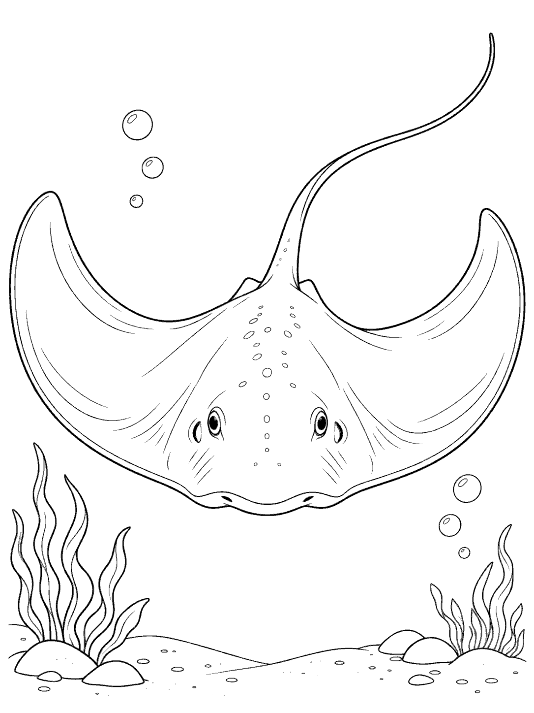 Printable black-outline coloring page of a graceful stingray swimming among bubbles and sea plants.