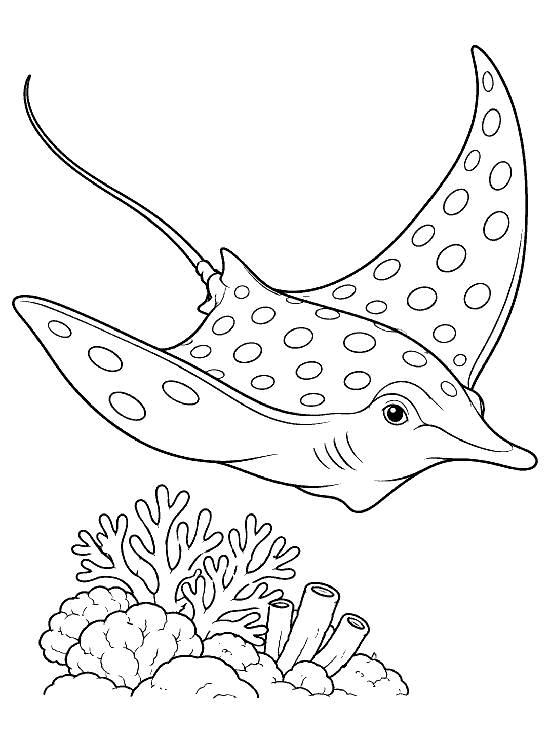 Spotted eagle ray coloring page with spread fins, a projecting snout, open-circle spots, and coral below.