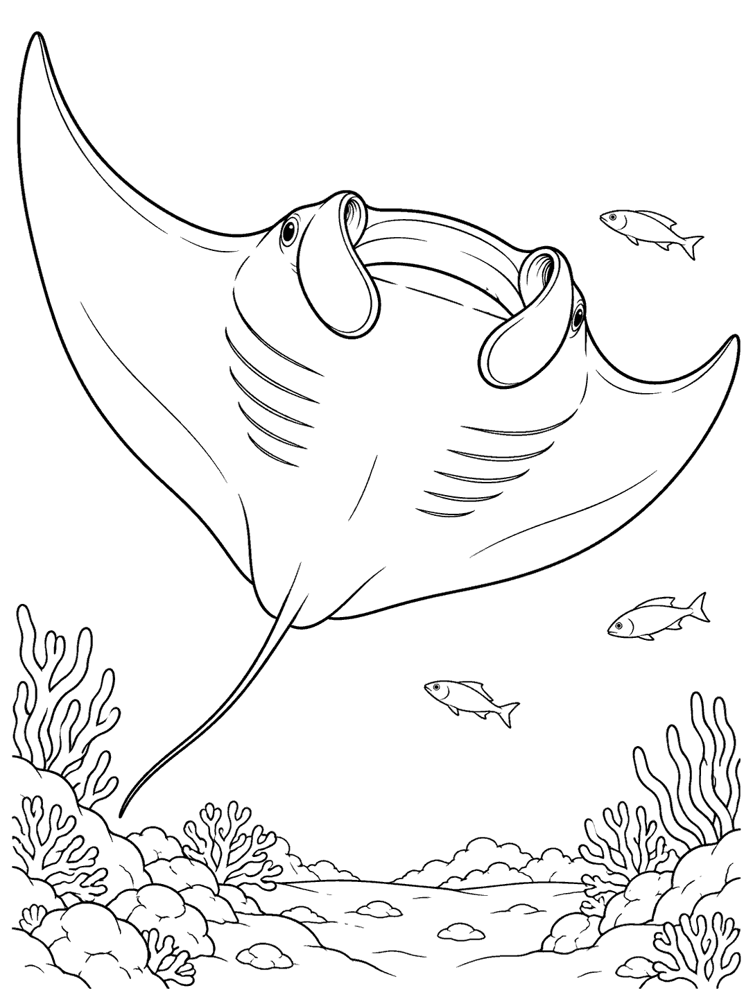 Manta ray coloring page with broad wings, rolled cephalic lobes, and three fish.