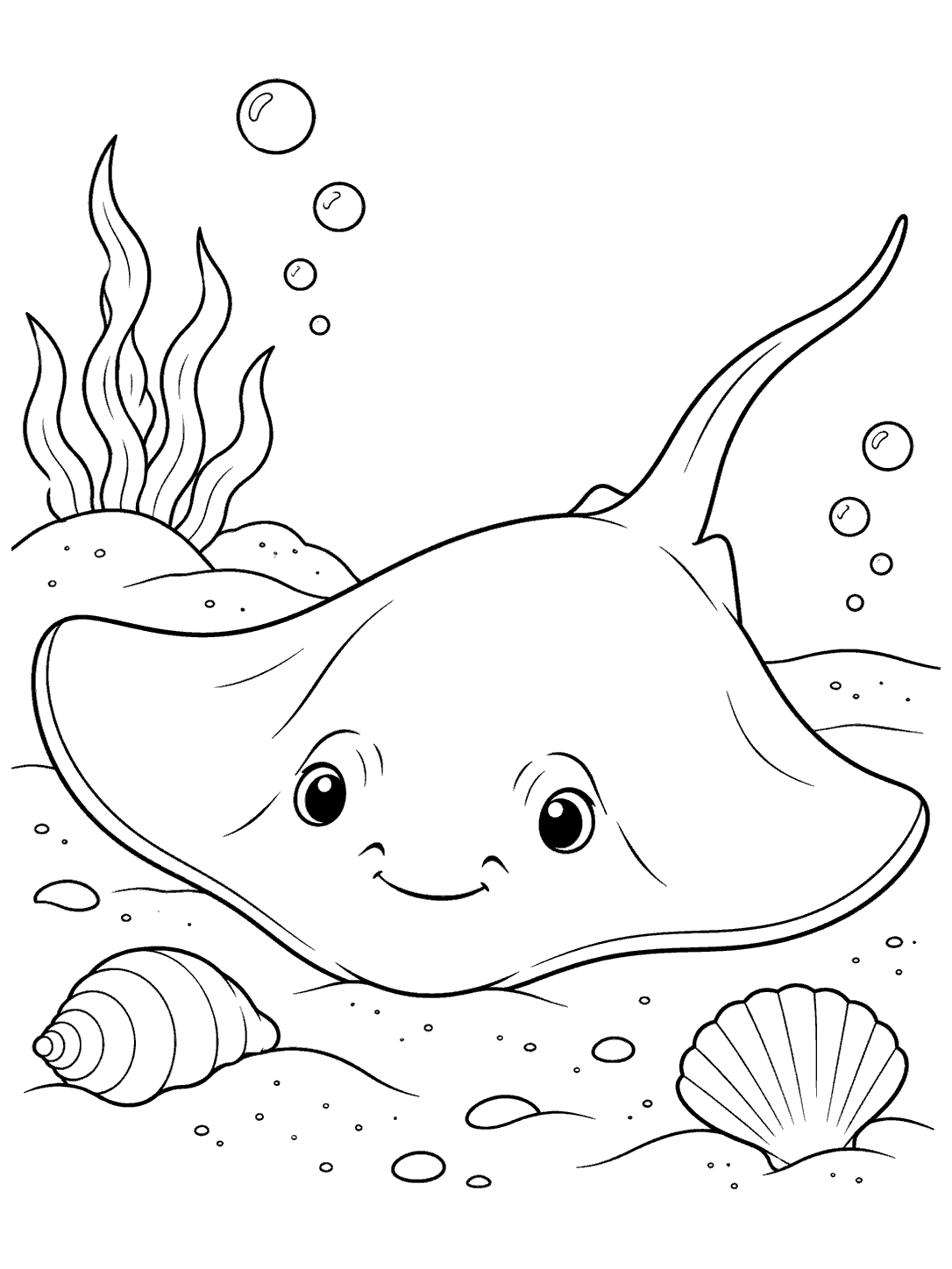 Baby stingray coloring page with a broad rounded body, long tail, bubbles, seaweed, and two shells.