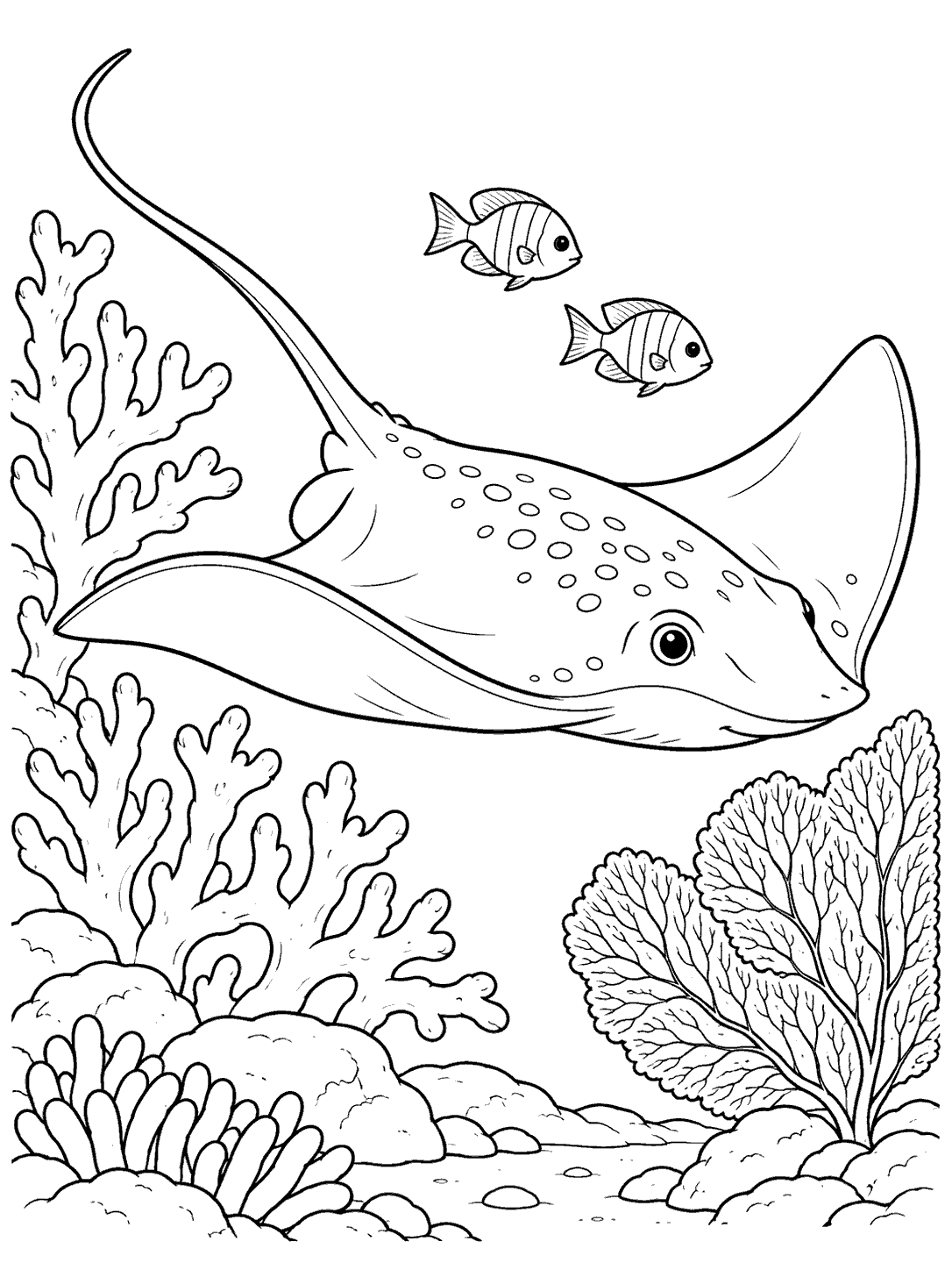 Large spotted stingray swimming over a sparse coral reef, with branching coral, a sea fan, and two fish, in a black-and-white coloring page.