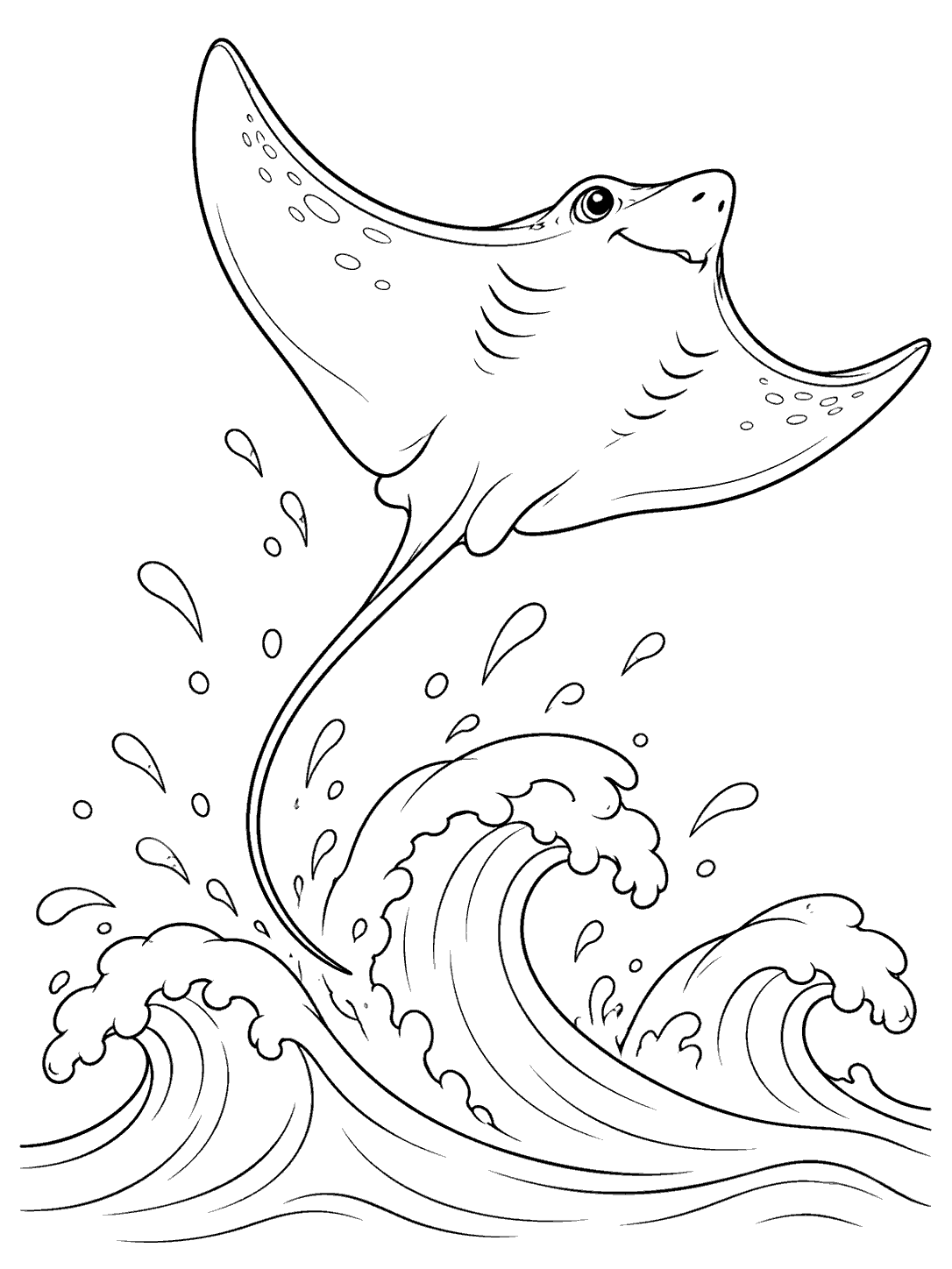Stingray leaping above three curling waves with open splash droplets