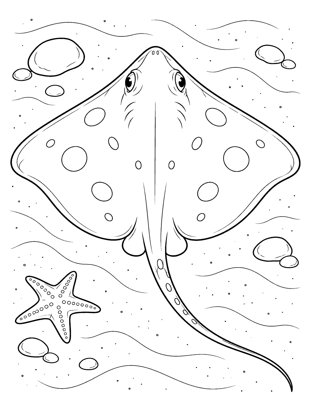 Large spotted stingray seen from above, with its long tail, a starfish, pebbles, and sand ripples.