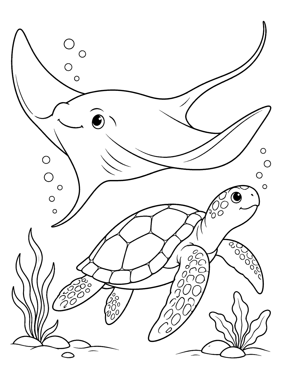 A broad stingray swims above a sea turtle with a large plated shell, bubbles, and two sea plants.