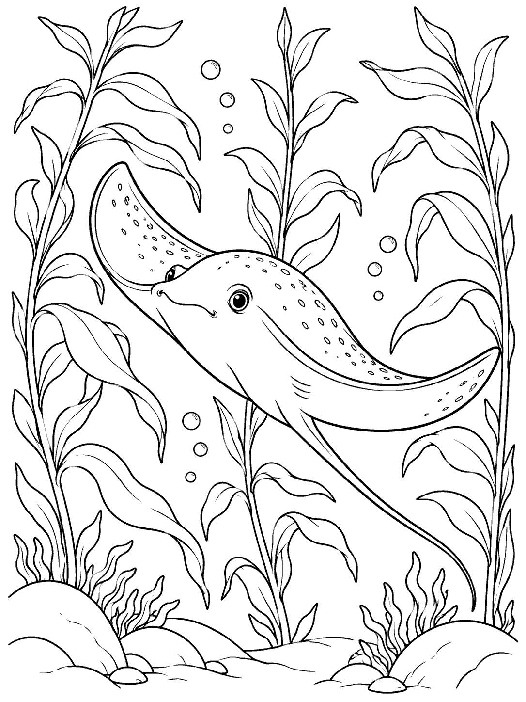 Stingray swimming among tall kelp fronds and bubbles