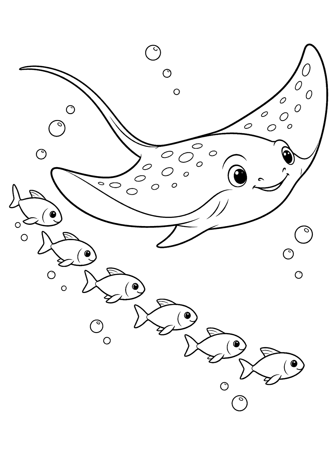 A spotted stingray swimming ahead of six small fish in a curved trail, with bubbles around them.