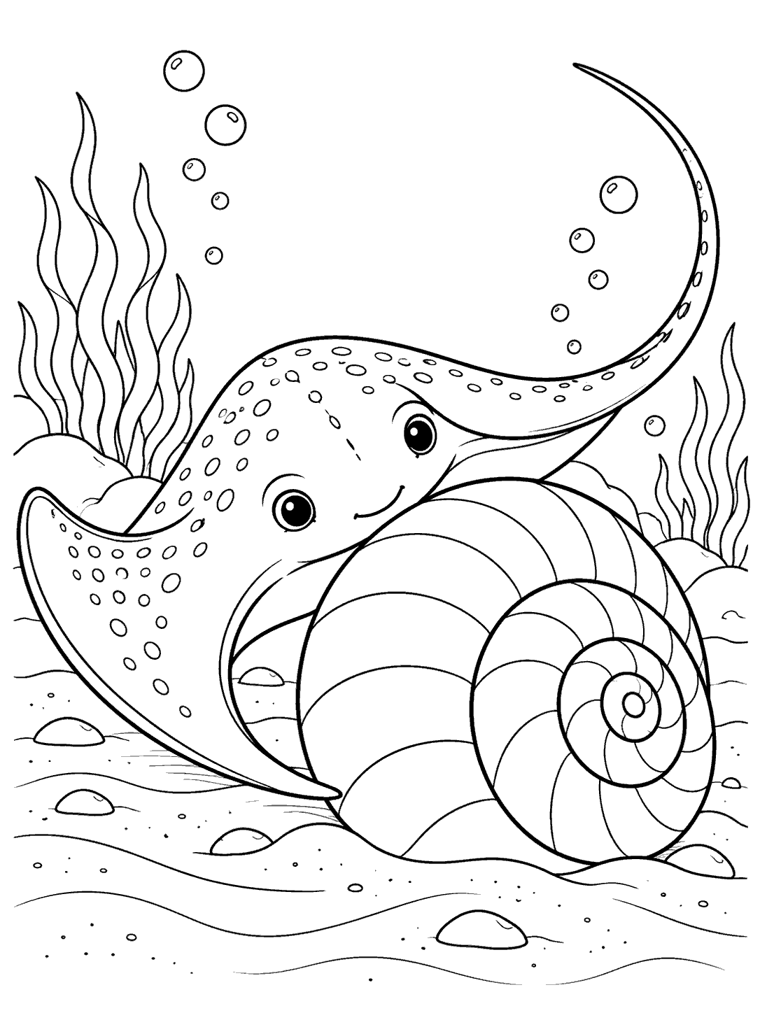 A smiling stingray curves around a large banded spiral seashell on the seabed, with bubbles, seaweed, and sand ripples.