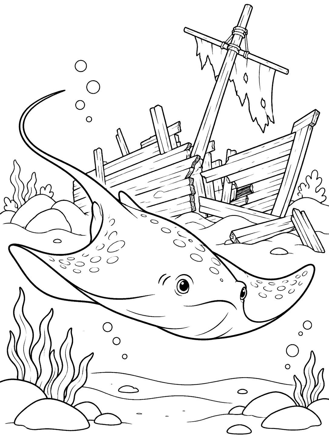 A smiling stingray with a long tail swims in front of a broken wooden shipwreck, surrounded by bubbles and seabed plants.
