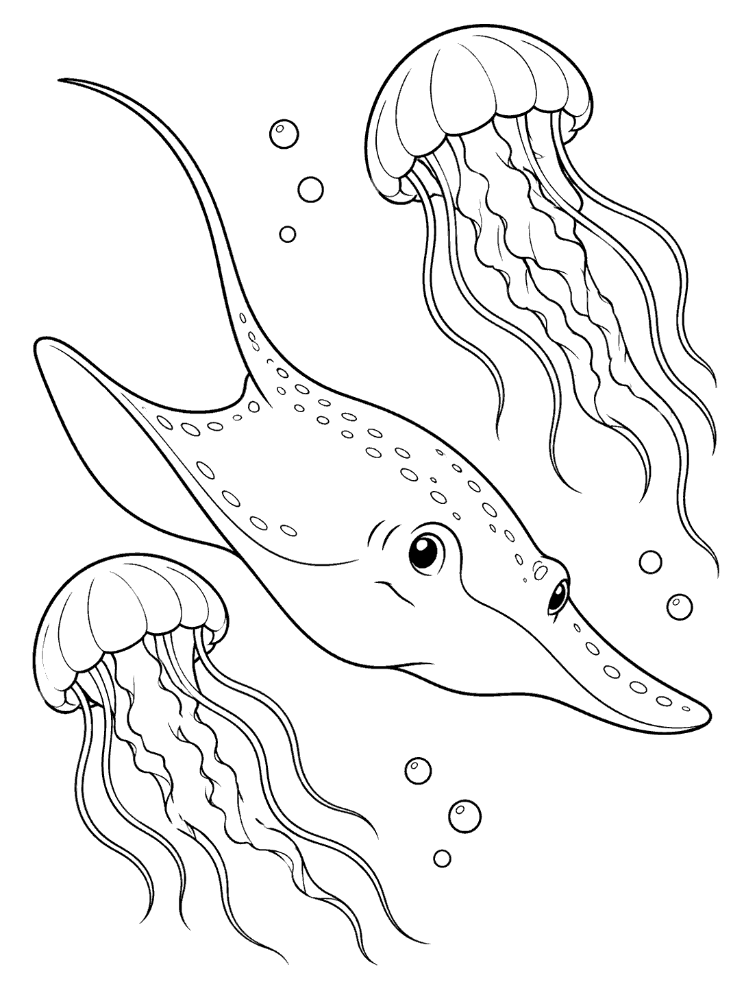 A spotted stingray swimming between two rounded-bell jellyfish with long tentacles and a few bubbles.
