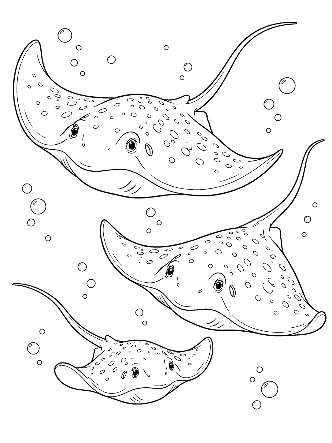 Two adult stingrays and a smaller young ray swimming together among bubbles