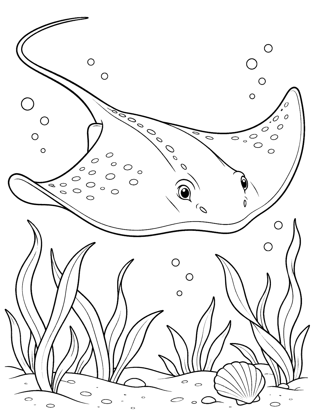 A spotted stingray swimming over ribbonlike seagrass, with bubbles and a small shell on the seabed