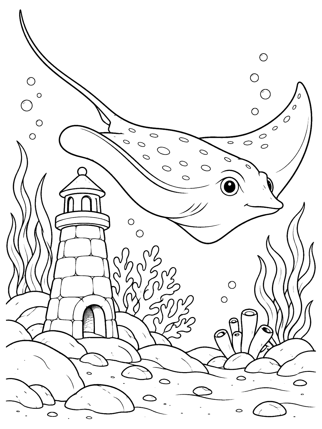 Black line art of a spotted stingray swimming above seabed rocks beside a stone lighthouse ornament, with sea plants and bubbles.