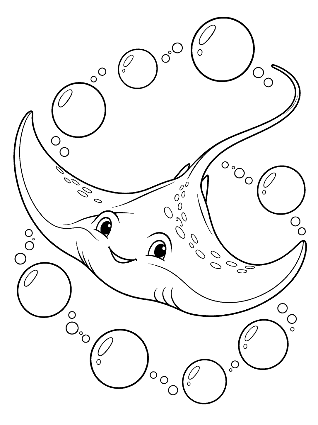 Smiling stingray swimming through a playful trail of outlined bubbles on a white coloring page