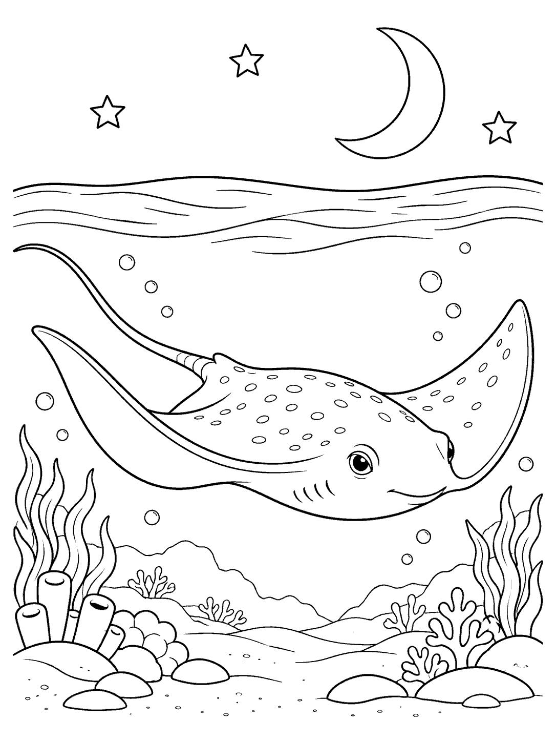 Large stingray swimming underwater beneath a crescent moon, three open stars, and a gently curved ocean surface, with coral and bubbles below.