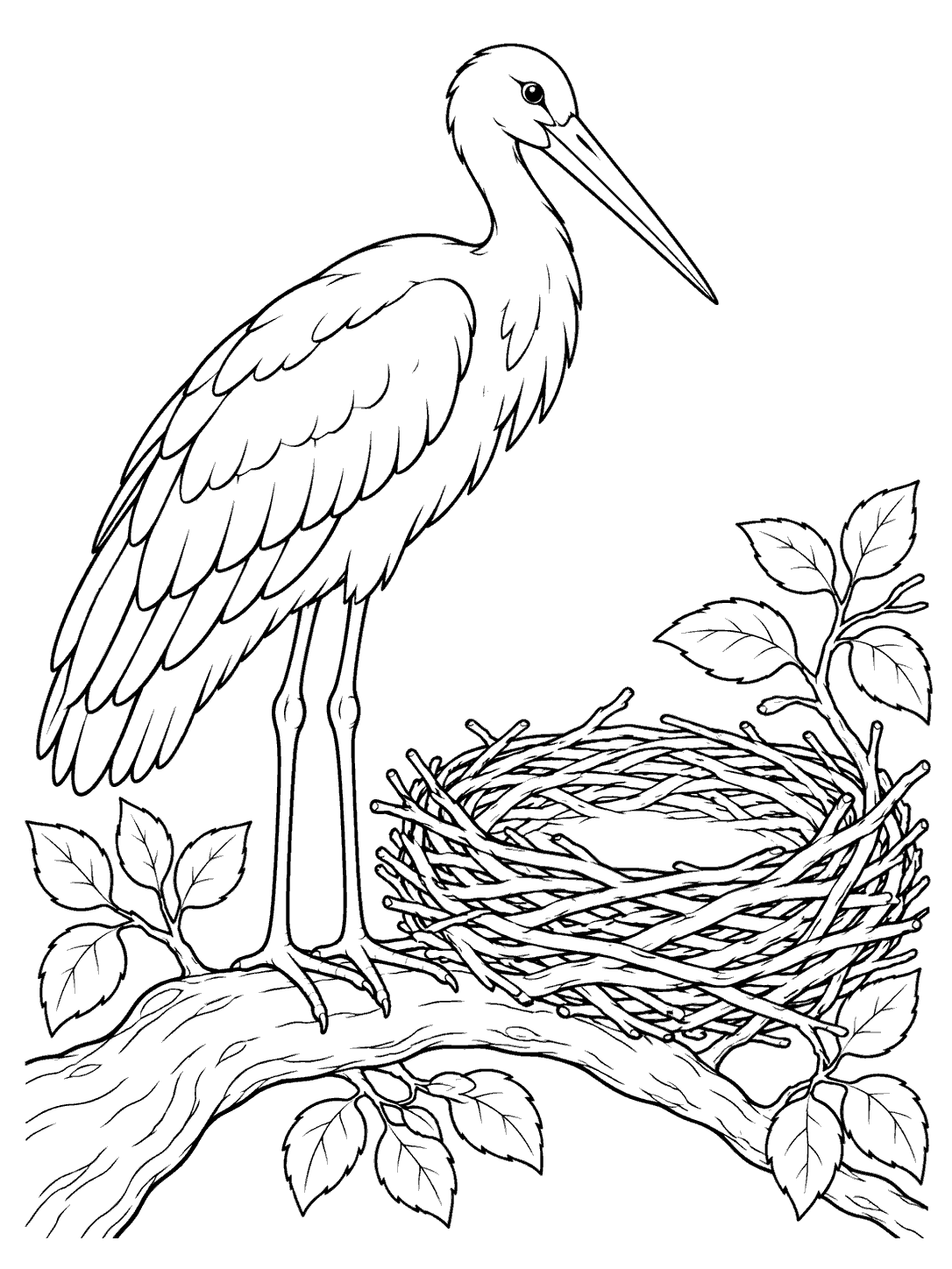 Black-outline coloring page of a long-legged stork beside a large open nest on a leafy branch.