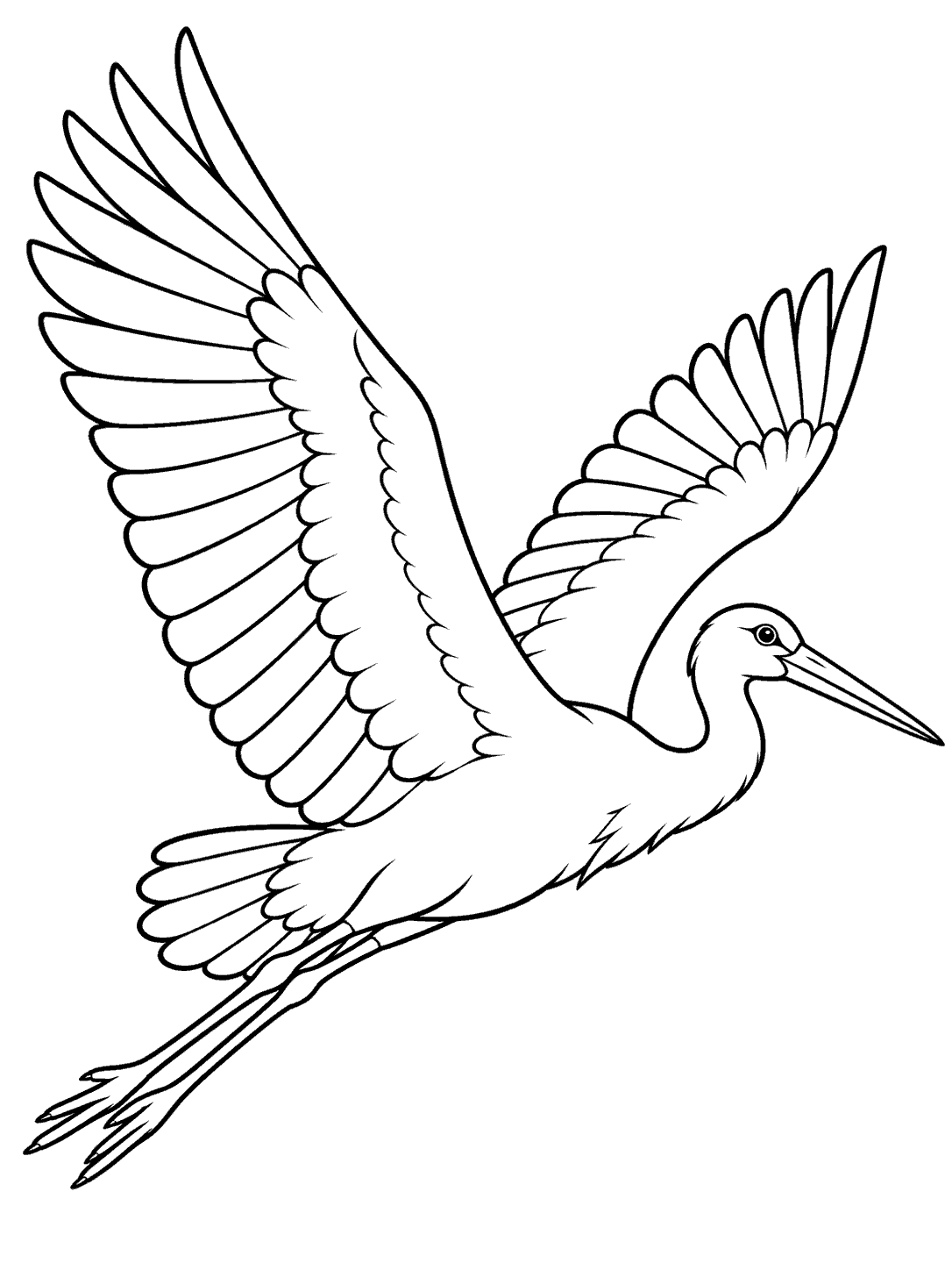 Flying stork coloring page with broad outstretched wings and trailing legs