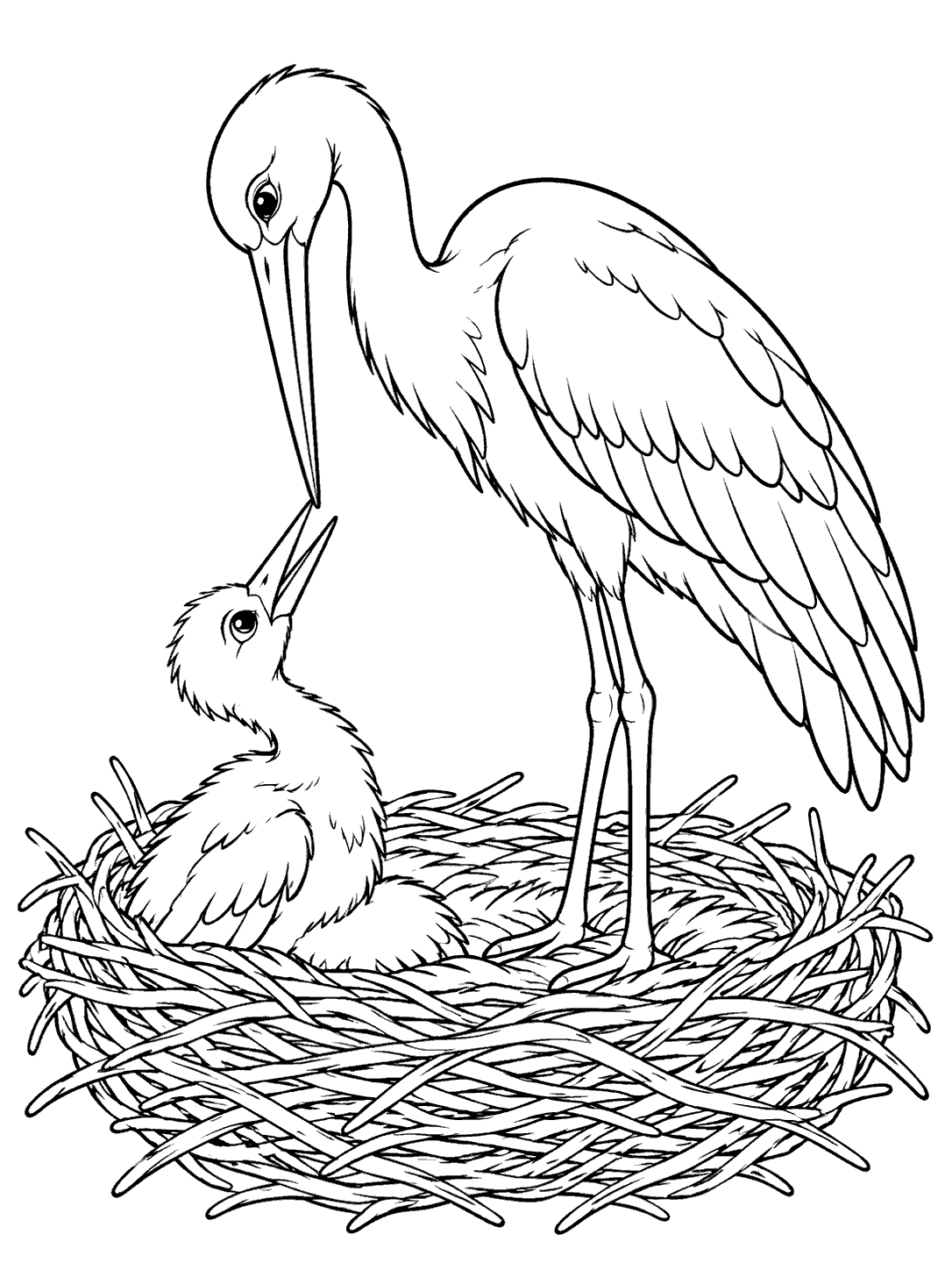 Black-and-white stork and chick coloring page, with both long bills visible in their nest.