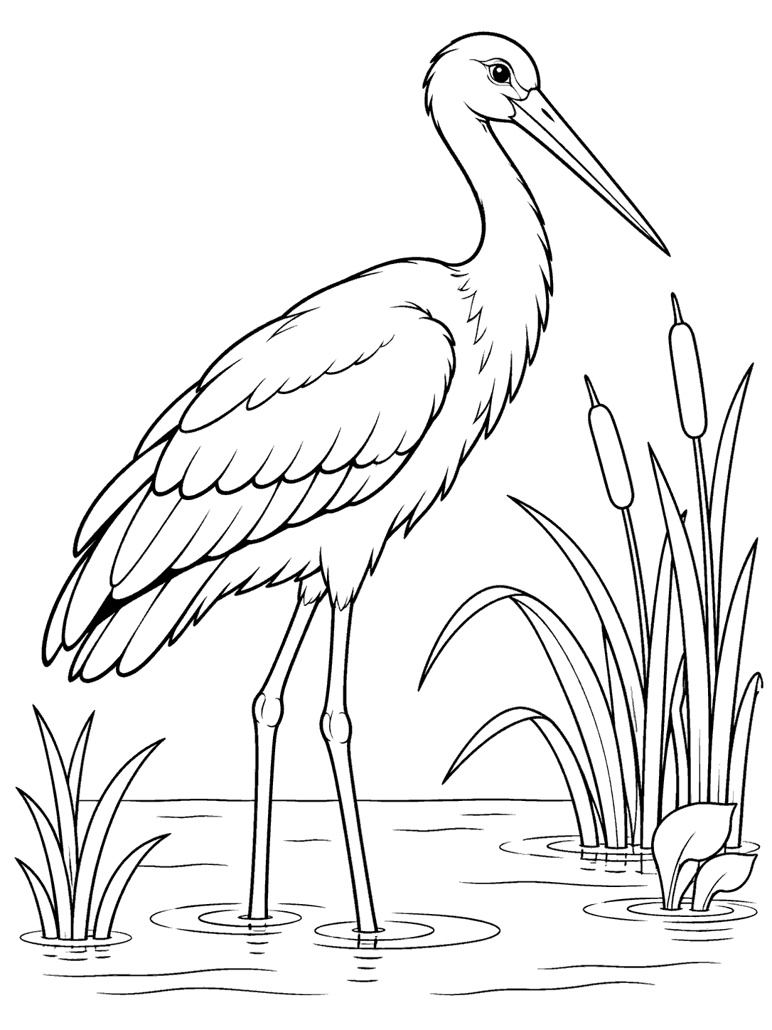Black-and-white stork coloring page showing a long-legged stork standing in shallow wetland water among reeds and simple plants.