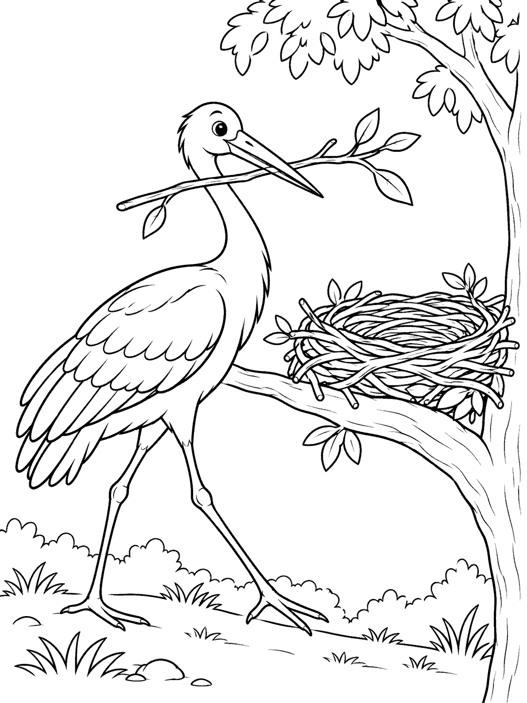 Black-and-white coloring page showing a stork carrying a twig toward a nest on a branch.