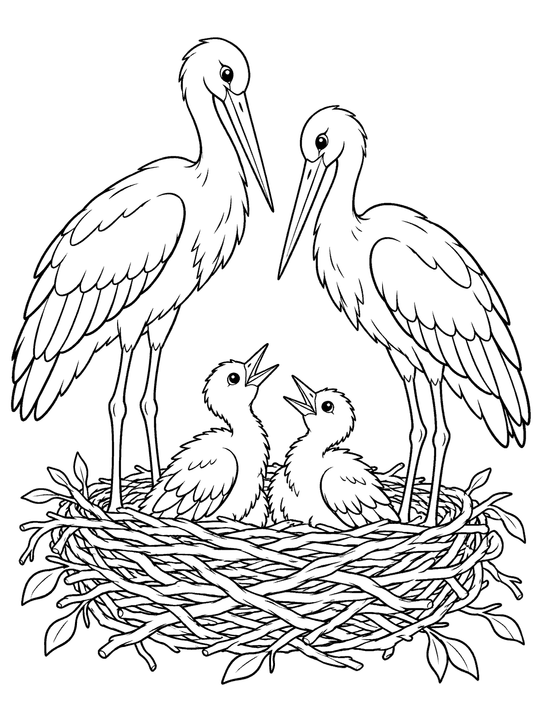 Black-and-white stork coloring page with two adult storks standing around two chicks in a large twig nest.