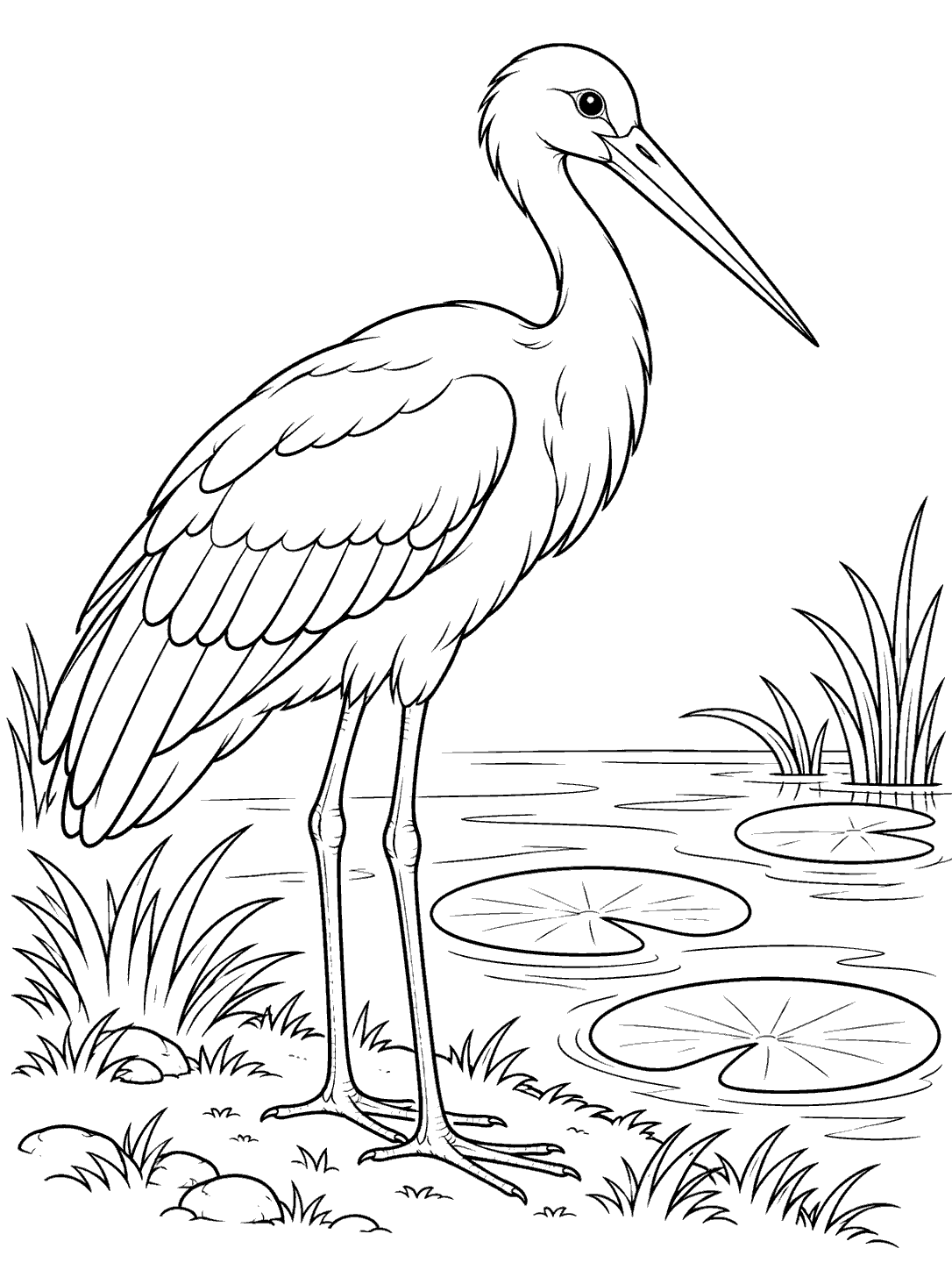 Black line art of a long-legged stork standing beside a pond with lily pads and grasses, with a white margin around the printable page.