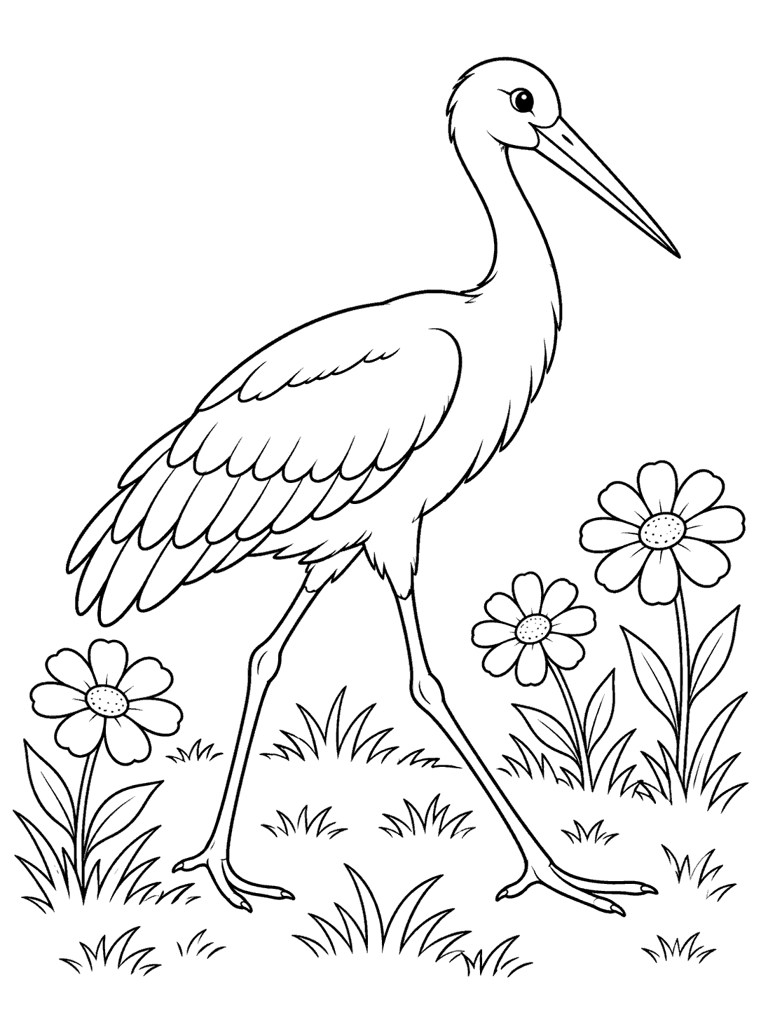 A large outlined stork walks among three flowers and grass tufts on a white coloring page.