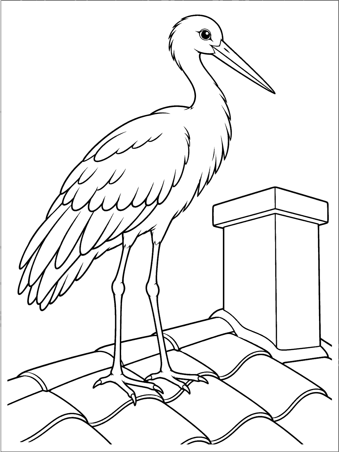 Black outline coloring page of a stork standing beside a chimney on a tiled rooftop.