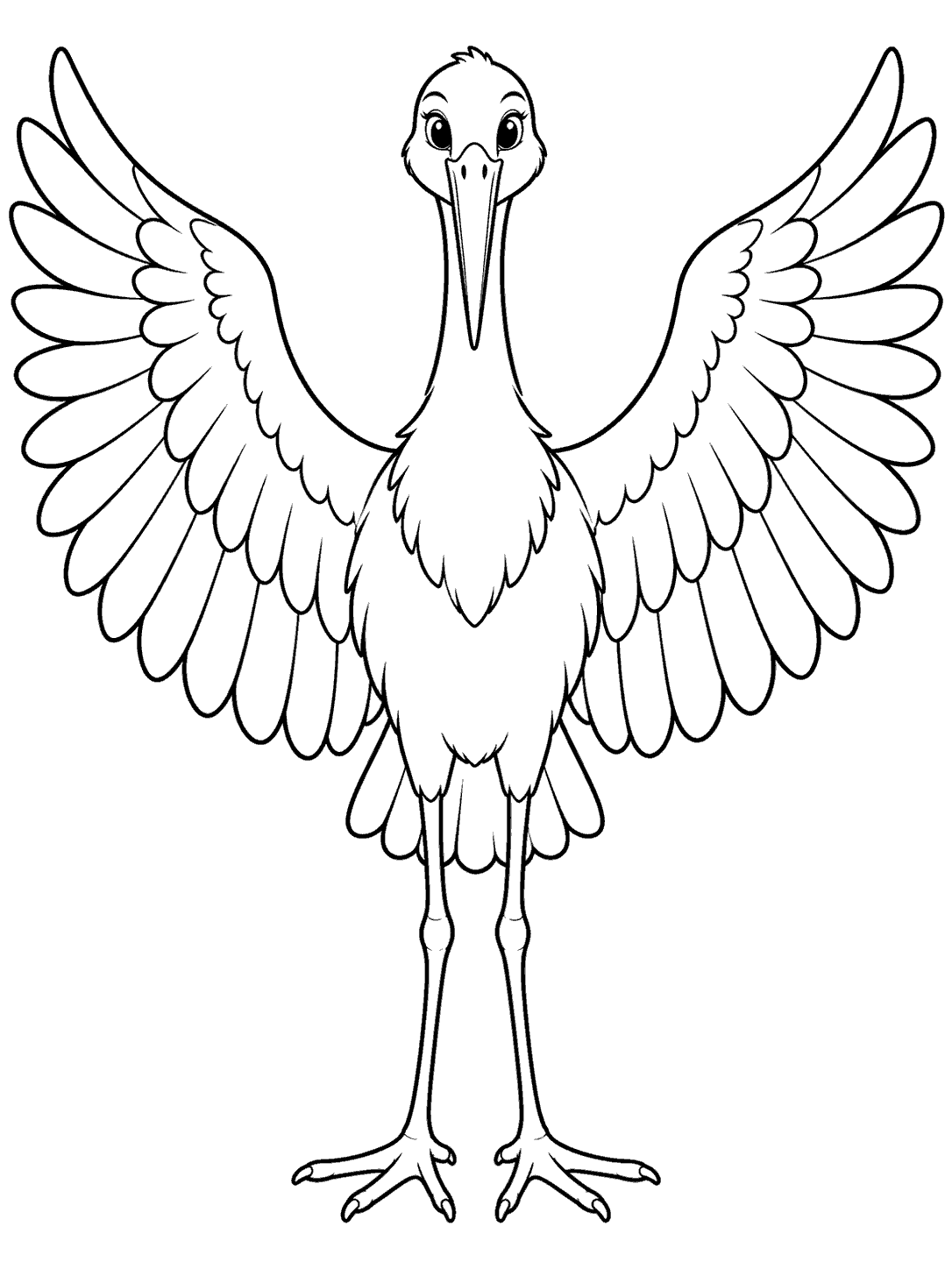 Front-facing stork with wings spread, long legs, and a straight bill, in a coloring page.