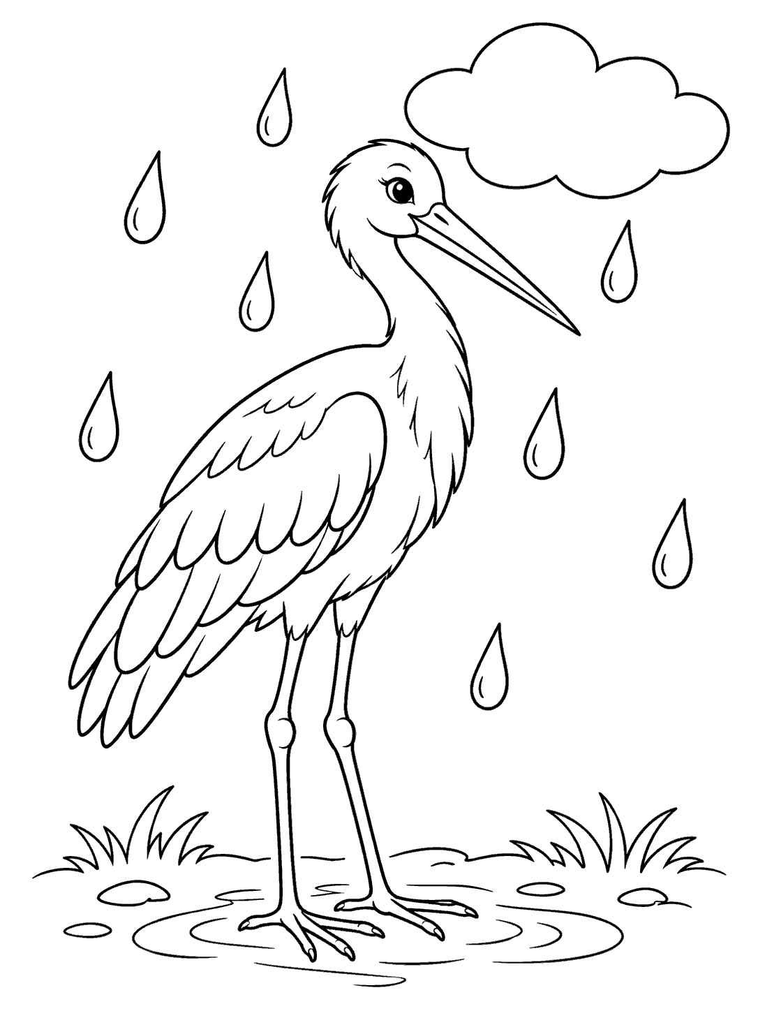 Black and white stork coloring page with a cloud, large raindrops, and shallow puddles.