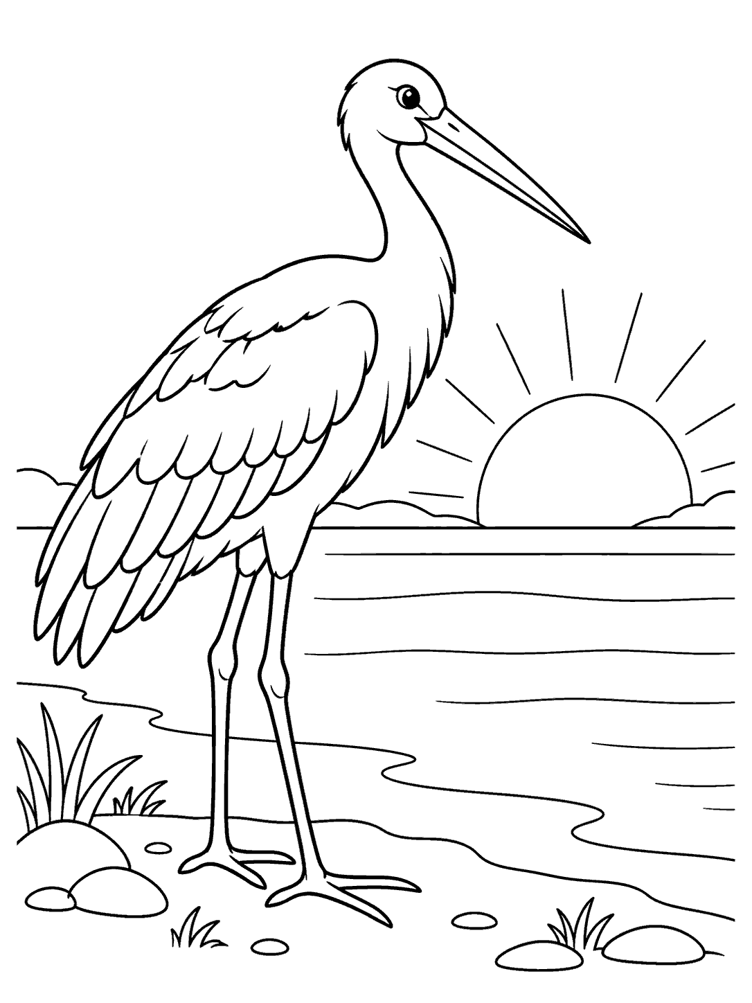 Stork coloring page with a long-legged stork beside a shoreline, rising sun, and broad water lines.