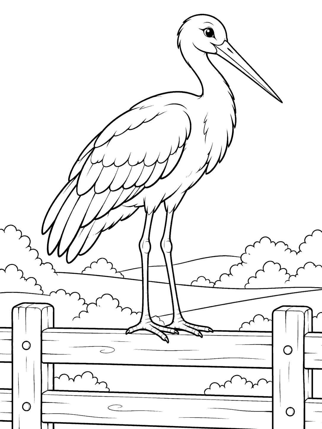 Black-and-white stork standing on a wooden fence coloring page