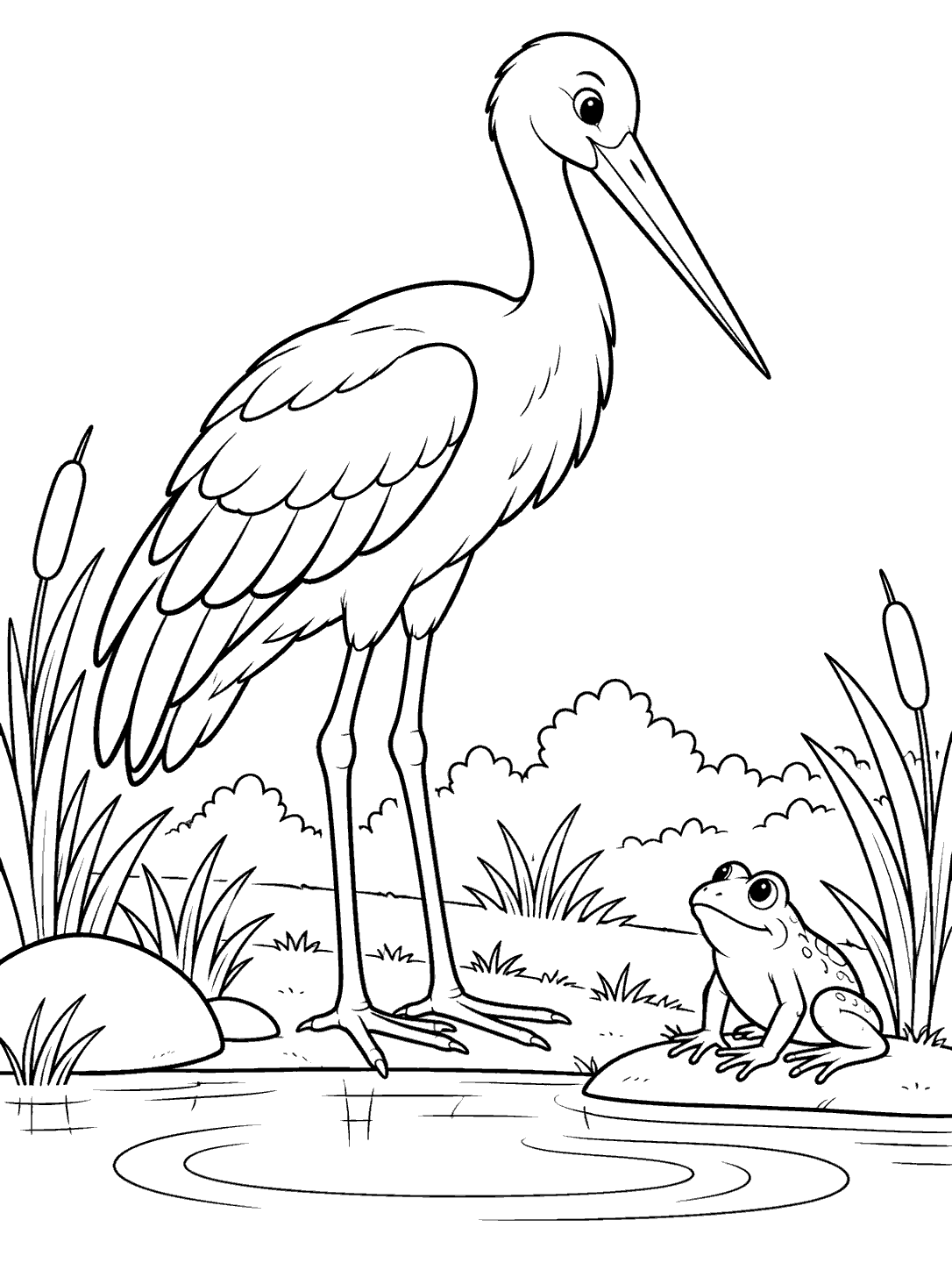 Black-and-white coloring page showing a stork and a separate frog beside a pond, with reeds and broad water ripples.