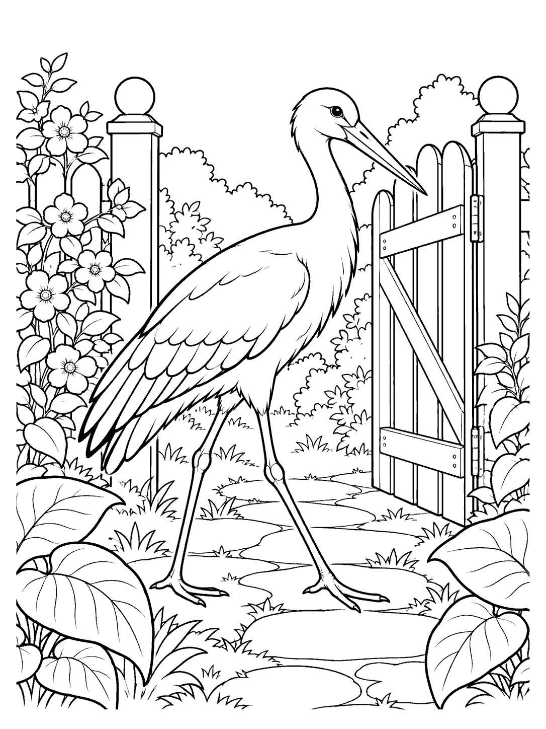 Black and white coloring page showing a long-legged stork walking beside an open garden gate, flowers, shrubs, and large leaves.